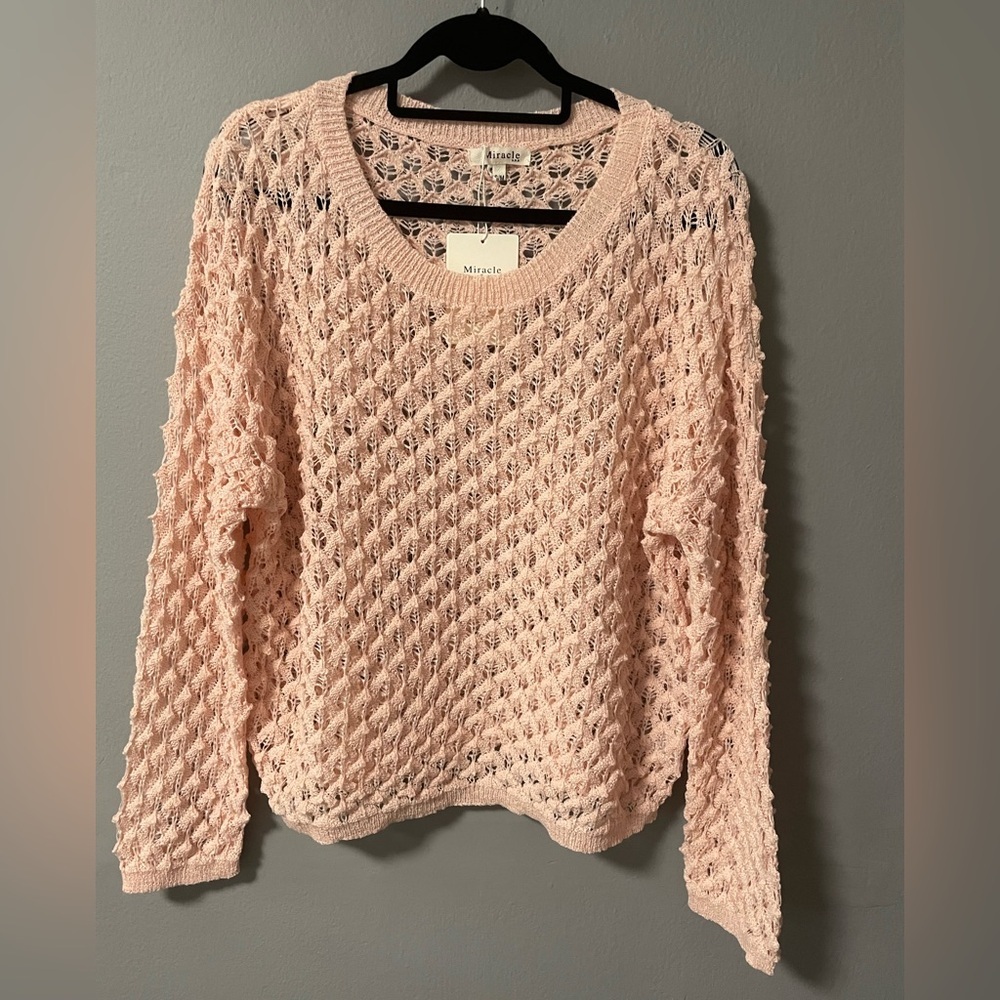 NWT Miracle Open Knit Boxy Pink Crew Neck Sweater. Size S/M